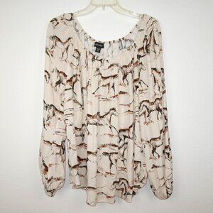 Karen Kane Tunic Top Women's Plus Size 2X Beige Brown Equestrian Print Horse